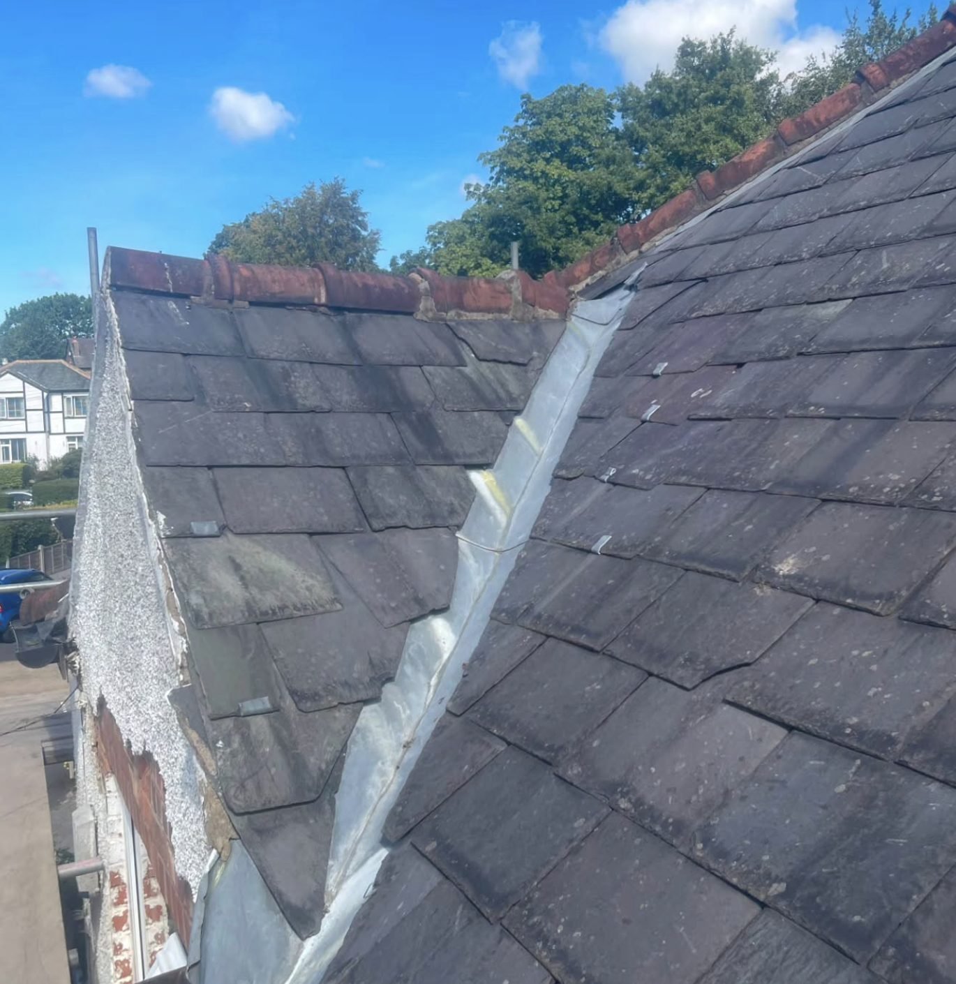 Lead-lined valley between two slate roof slopes
